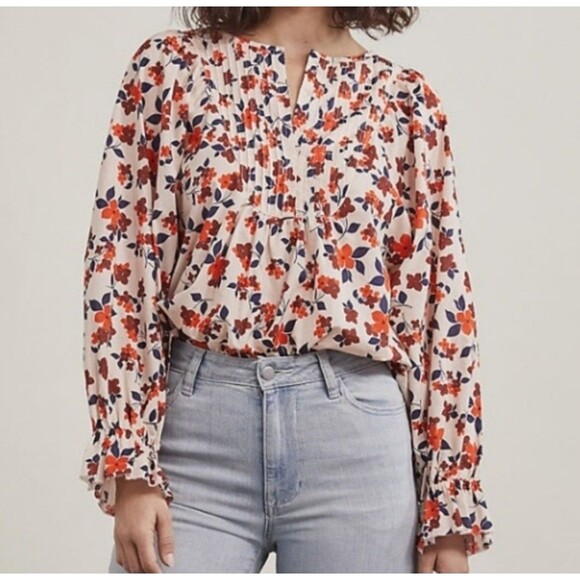 Elizabeth and James Tops - Elizabeth and James Floral Pintuck Cotton Blouse Orange Navy Cream Small